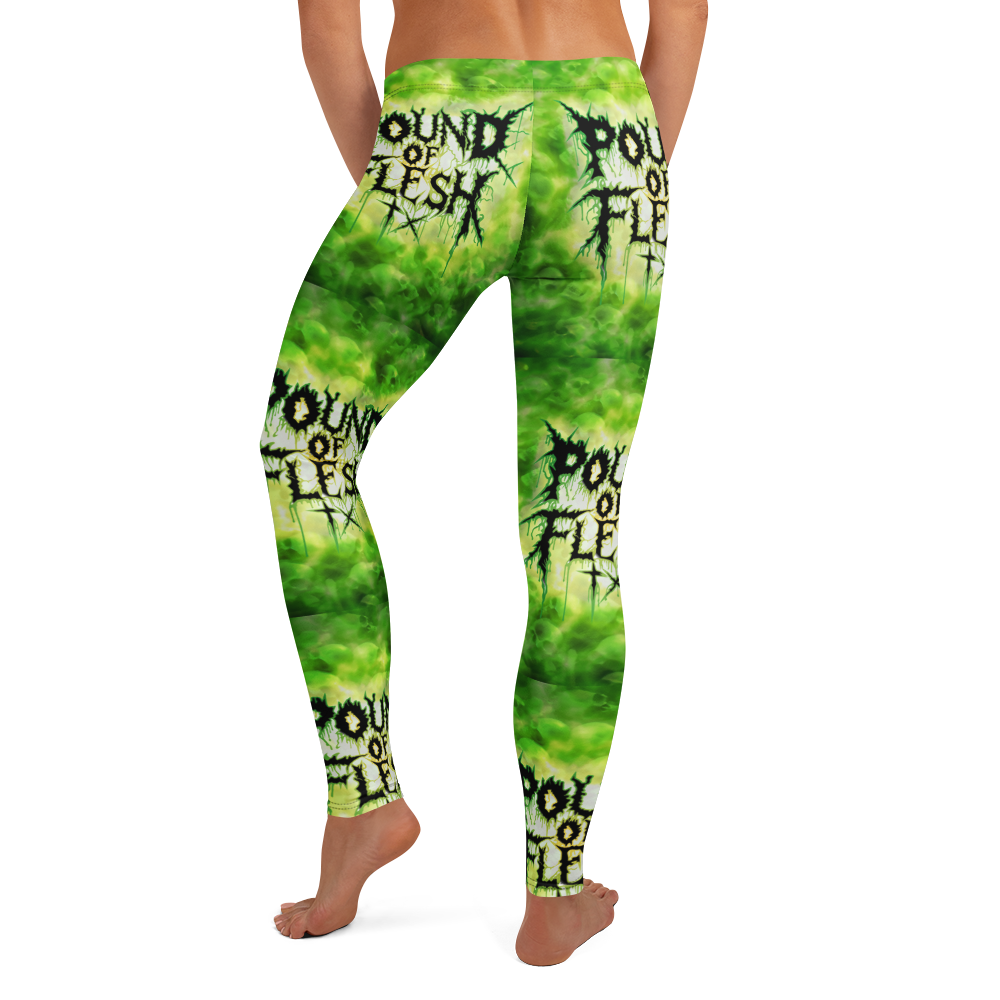 Woman wearing leggings with the Pound Of Flesh TX logo on top of a background of skulls in a glowing nean green in a pattern.